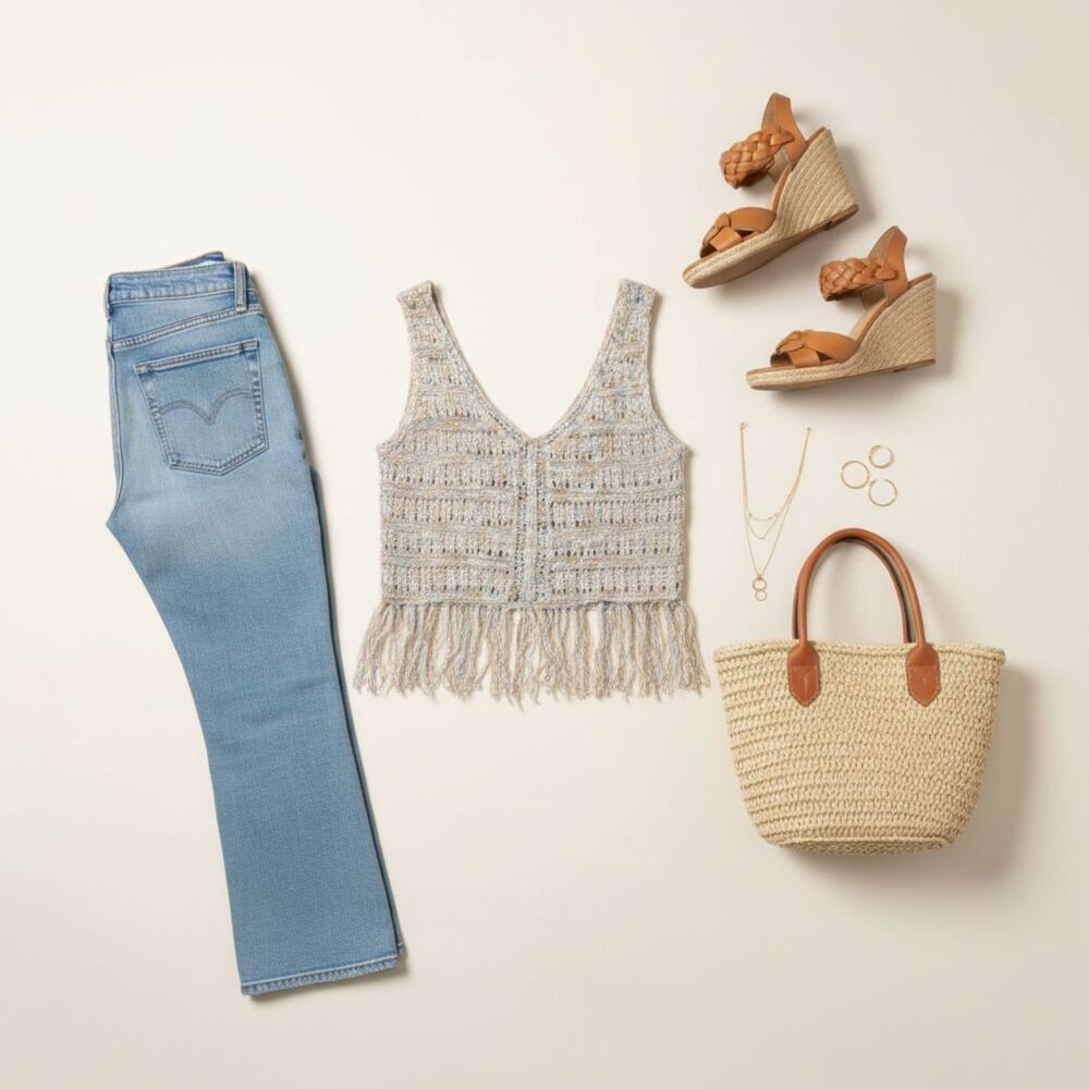 Love Knits Crop Tank Top Women Small Speckled Knit V Neck Fringe NWT Boho Summer